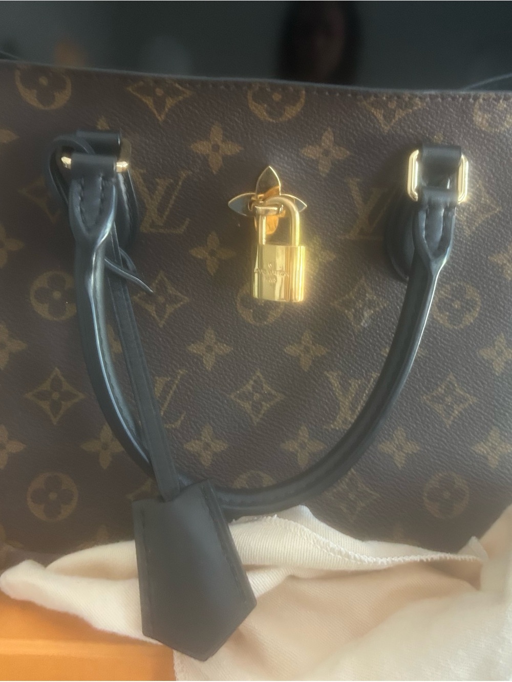 Louis Vuitton Brown Monogram Canvas Handbag with Black Handles